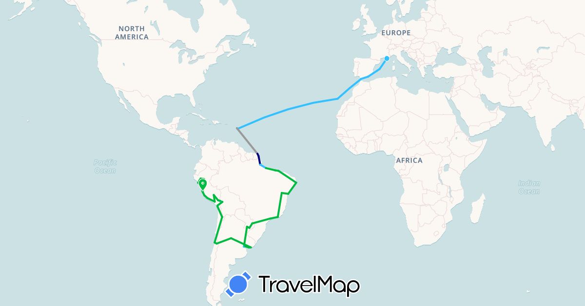 TravelMap itinerary: driving, bus, plane, boat in Argentina, Bolivia, Brazil, Chile, Spain, France, French Guiana, Guadeloupe, Peru, Paraguay, Uruguay (Europe, North America, South America)